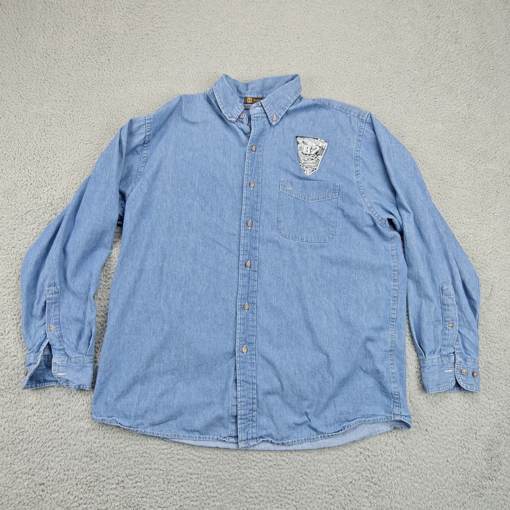 Vintage Harriton Shirt Mens XL Blue Denim‎ Long Sleeve Button Front 87 Patch